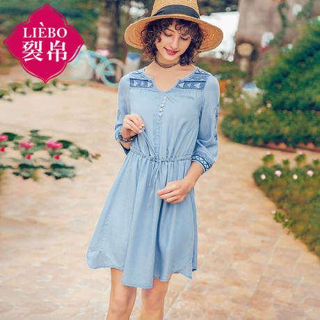 裂帛旗舰店2018夏装新款复古气质圆领纽扣装饰刺绣牛仔连衣裙女商品大图