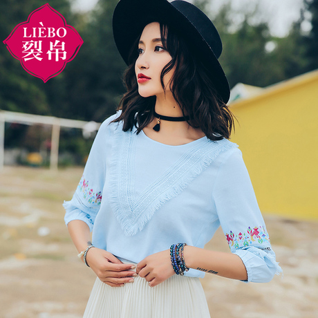 裂帛旗舰店2018夏装新款文艺清新圆领织带装饰刺绣七分袖雪纺衫商品大图