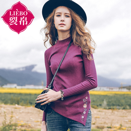 裂帛旗舰店*2018冬装新款半高领坑条刺绣修身毛衣女51171240商品大图