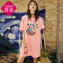裂帛旗舰店2018夏装新款甜美圆领刺绣侧开叉裙落肩飘带连衣裙女图片