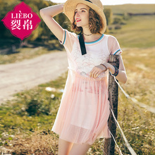 裂帛旗舰店2018夏装新款两件套印花网纱裙撞色螺纹短袖连衣裙女图片