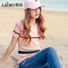 裂帛2018夏装新款甜美时髦V领彩色心机条纹显瘦套头短袖针织衫女图片