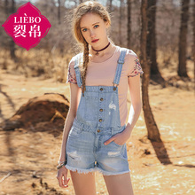 裂帛2018夏装新款韩版水洗破洞背带短裤百搭毛边牛仔裤女51180148图片