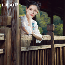 裂帛2018夏装新款立领盘扣刺绣露肩上衣中袖雪纺衫女图片