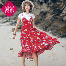 裂帛旗舰店2018夏装新款浪漫印花雪纺裙复古双层下摆吊带连衣裙图片
