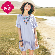 裂帛旗舰店2018夏装新款圆领刺绣拼接百褶裙小清新仙女连衣裙女图片