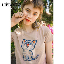 裂帛2018夏季新款圆领猫咪百搭时尚闺蜜装宽松针织上衣短袖t恤女图片