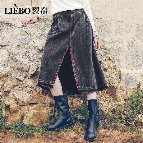 裂帛牛仔裙女2018新款中腰刺绣开叉显瘦A字裙商品大图