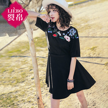 裂帛旗舰店2018夏新款气质圆领刺绣A字裙蕾丝拼接大摆连衣裙女图片