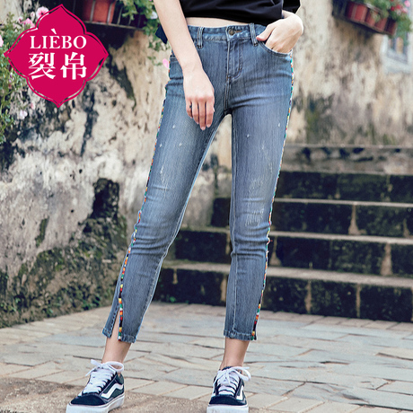 裂帛旗舰店2018夏新款中腰刺绣显瘦七分裤开叉时尚显瘦牛仔裤女商品大图