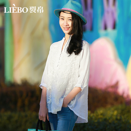 裂帛2018春季新款刺绣纯色宽松白色蕾丝衬衣七分袖衬衫女商品大图