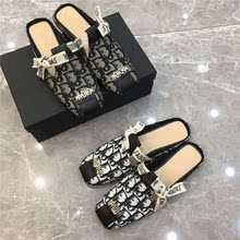 女D字母印花拼接金属休闲dior包头拖鞋 两穿平底单鞋 2019夏季新款