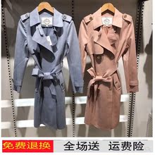 拉夏贝尔麂皮绒2018秋新款中长款双排扣收腰风衣外套女20012432图片