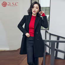 艾尚臣新款韩版职业装毛呢大衣女中长款修身加厚黑色呢子外套冬季图片