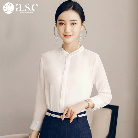 艾尚臣职业女装长袖2018春装新款韩版OL正装工作服白色立领衬衣商品大图