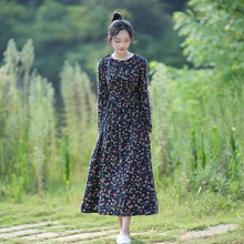 连衣裙棉春秋中长款 宽松系带打底棉麻长裙秋 文艺范复古小碎花长袖