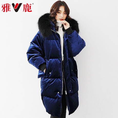 雅鹿长款过膝貉子大毛领韩国羽绒服女中长款连帽加厚大码宽松外套商品大图