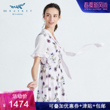 百分百桑蚕丝蝴蝶领印花真丝连衣裙影儿十二篮19夏新款图片