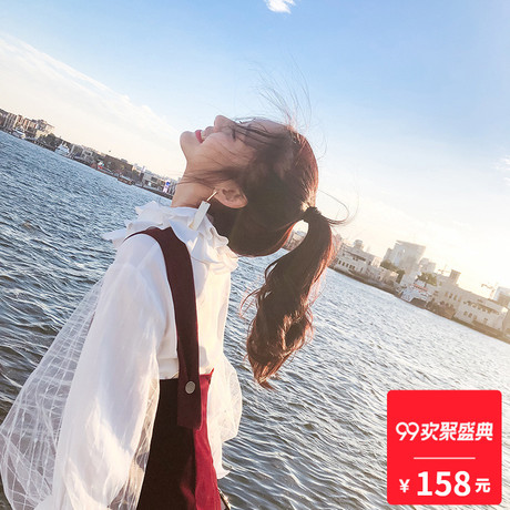 长袖白衬衫2018秋装新款女装韩版甜美上衣小清新宽松雪纺网纱衬衣商品大图