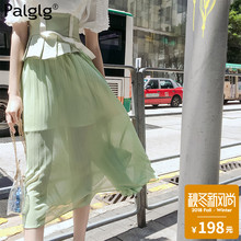 半身裙夏季2018新款韩版时尚女装长裙果绿色不规则雪纺高腰裙子女图片