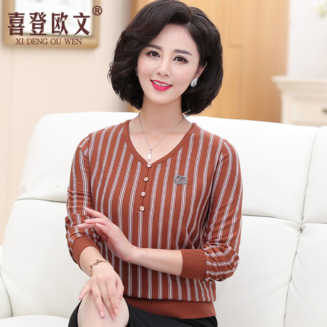 中年妈妈春秋装长袖条纹上衣服韩版40-50岁中老年女装针织打底衫商品大图