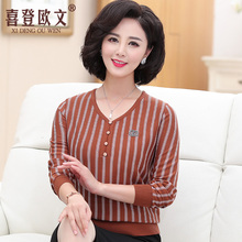 中年妈妈春秋装长袖条纹上衣服韩版40-50岁中老年女装针织打底衫图片