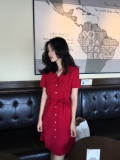 扑啦啦韩风Chic系带收腰修身显瘦短袖连衣裙气质复古红单排扣中裙