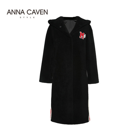 ANNA CAVEN2017秋新款女装时尚气质连帽贴布绣羊毛皮草中长款外套商品大图