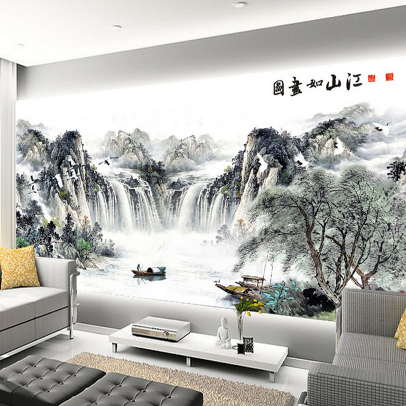 新中式意境抽象黑白水墨简约山水画壁纸客厅酒店电视背景墙纸壁画