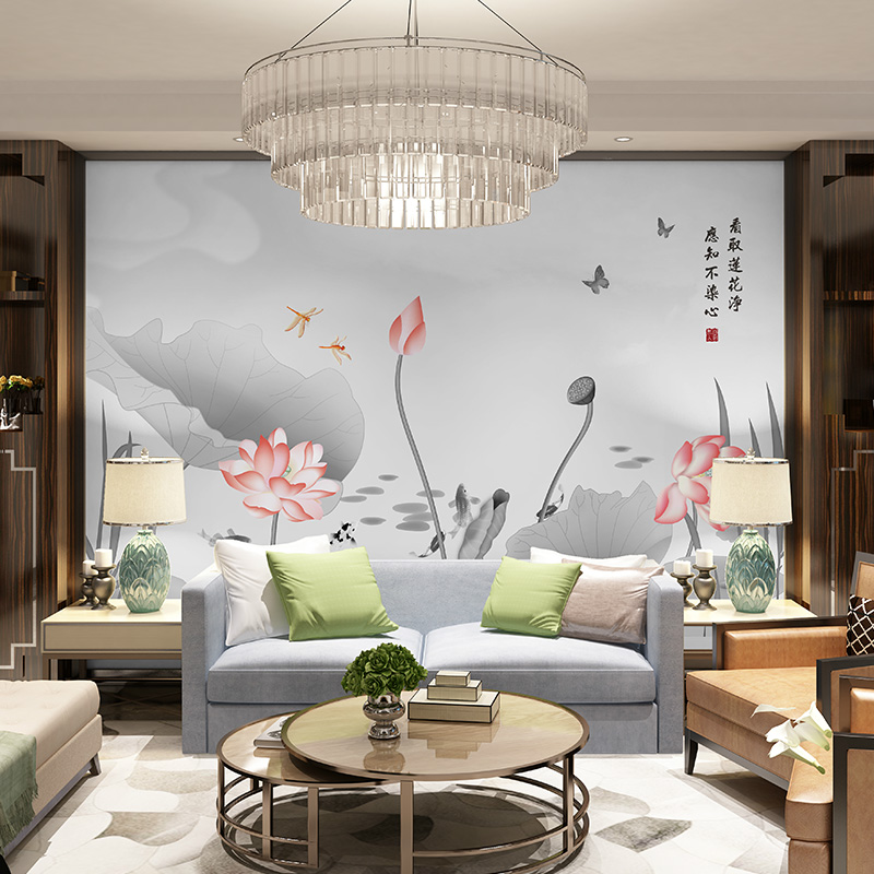 现代新中式墙纸电视沙发背景墙写意抽象水墨荷花壁纸花鸟壁画墙布