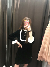 宫廷领撞色拼接花边七分袖 247 天鹅绒连衣裙2731 18秋新款 ETJ女装