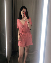 红色小格子交叉襟连体短裤 326 女5644 18夏季新款 ETJ