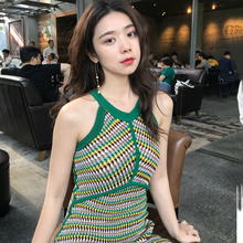 显瘦性感露肩背心裙 挂脖撞色针织连衣裙百搭修身 无袖 2018夏季新款