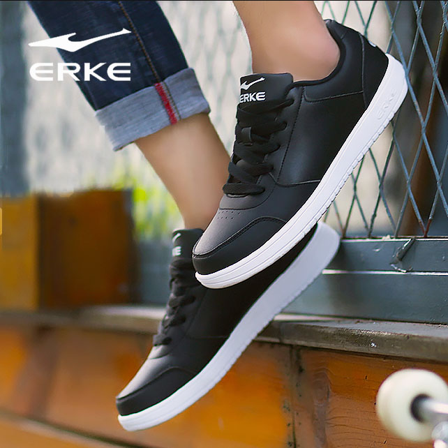 ERKE Men's Shoe Board Shoes Genuine Black Autumn and Winter Student Running Shoes Leather Sneakers for Men Wear Resistant and Breathable