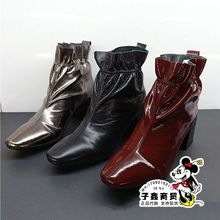 国内正品 妙丽冬新款 代购 漆牛皮粗高跟褶皱松紧口方头女短靴LP248