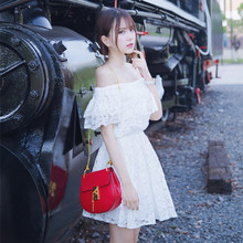 夏季小清新甜美公主可爱收腰学生少女仙女裙 漏肩一字肩连衣裙女装