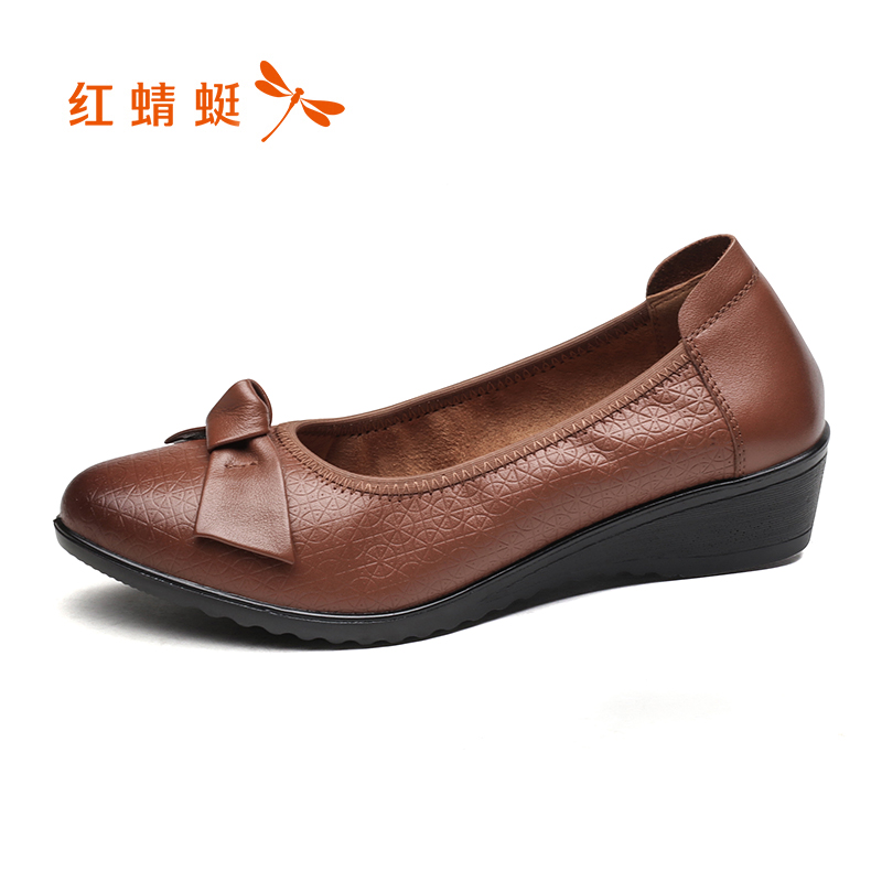 Red Dragonfly Women's Shoes 2019 Spring New Product Genuine Leather Single Shoes Women's Footwear Casual and Comfortable Versatile Slope Heel Mom's Shoes Women