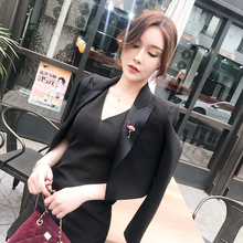 火烈鸟休闲修身 长袖 西服套装 小西装 2019春款 外套女 黑色耸肩短款