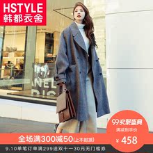 韩都衣舍2018韩版女装冬装新款潮格子宽松中长毛呢外套EJ00632玎图片
