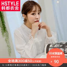 韩都衣舍2018秋新款女装韩版打底蕾丝拼接上衣长袖衬衫JQ00550樰图片