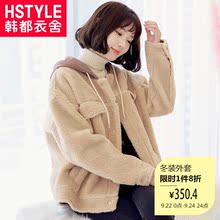 韩都衣舍2018冬装新款韩版女装宽松连帽外套系带棉衣GD00647聖图片