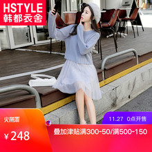 韩都衣舍2018韩版女装秋装长袖网纱针织气质两件套连衣裙EK8669囡图片