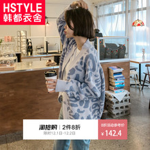 韩都衣舍2018冬装新款女装韩版宽松V领豹纹针织衫毛衣JM9859蒖图片