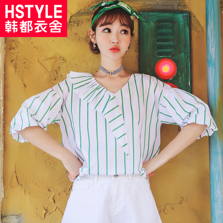 韩都衣舍2018夏装新款韩版女装宽松显瘦条纹v领衬衫GD9714聖商品大图