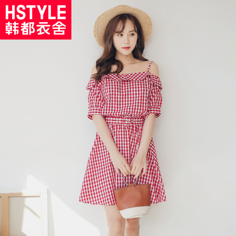 韩都衣舍2018夏装新款女装韩版格子露肩裙子吊带裙连衣裙IG8157僥商品大图