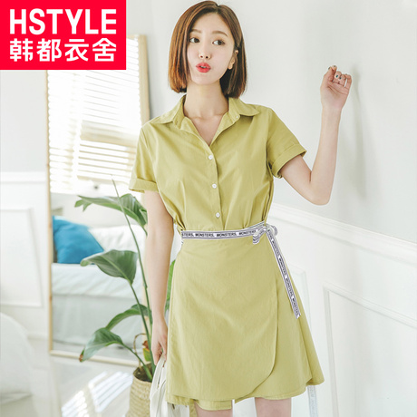 韩都衣舍2018新款女装夏装韩版字母系带中长款短袖衬衫GD9942聖商品大图