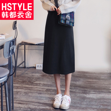 韩都衣舍2018秋装新款韩版女装直筒小黑裙中长半身裙MR8431汩商品大图