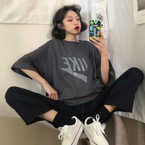 灰色短袖T恤女2019新款夏季韩版ins宽松学生情侣原宿半袖上衣班服