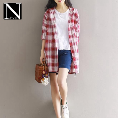 NPVU格子棉麻女款上衣长袖开衫2018春季中长款衬衣女装衬衫潮8633