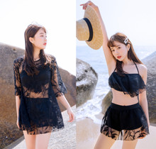 分体泳衣女三件套防晒小胸聚拢性感遮肚保守韩国小香风温泉游泳装